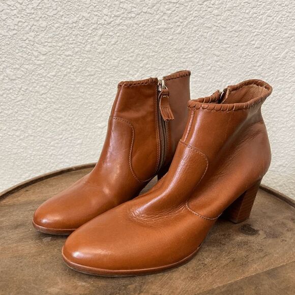 Jack Rogers Brown Oak Leather Heeled Side-Zip Ankle Booties Women's Size 7 M - Picture 1 of 12